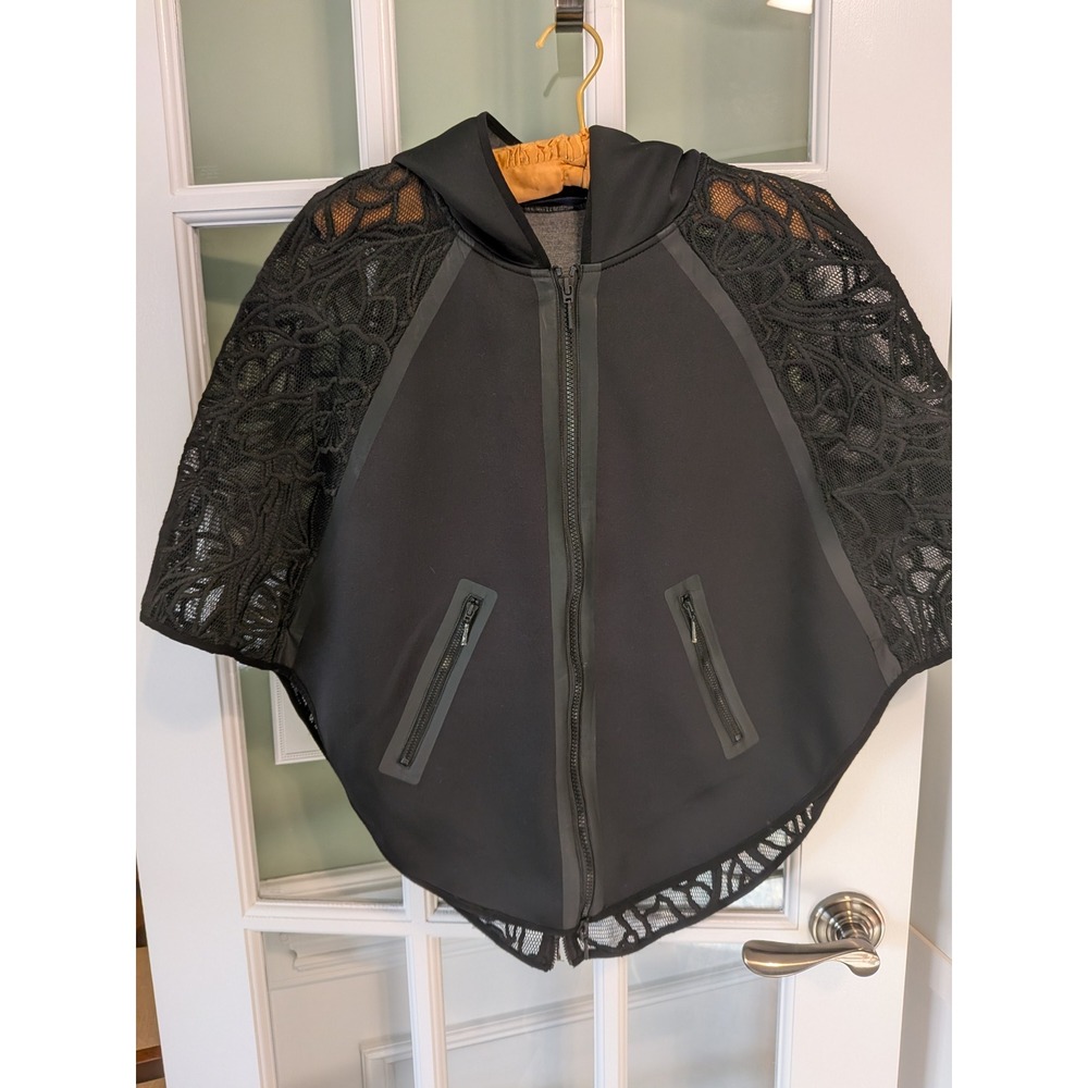 Elie Tahari Sport Black Lace Hooded Zip Up Cape Poncho XS Witchy Goth ES9YF13U